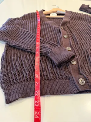 BDG Open-Weave V-Neck Cardigan in‎ Dark Brown thumbnail 5