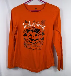 Women’s Halloween Trick or Treat Pumpkin Graphic Long Sleeve Shirt Orange Small thumbnail 1