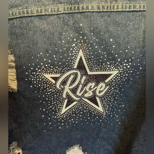 Women’s Jean Jacket distressed denim rhinestone Rise design on back Size M NWOT thumbnail 3