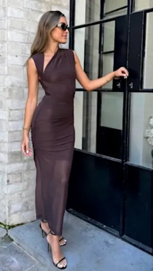 MISHA COLLECTION Tillie Asymmetric Mesh Midi Dress Umber Brown thumbnail 1
