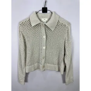 H&M Open Knit Collared Button Down Cardigan Womens Medium Ivory Tennis Prep‎ thumbnail 3