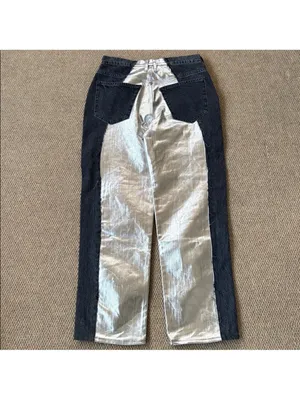 NWT FRAME Pieced Metallic Silver Black Straight Leg Jeans Size 26 Retail $448 thumbnail 13