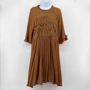 MOON RIVER Crochet Lace Bodice‎ Mini Dress Large Brown Crinkle Ruffle Boho Shift thumbnail 2