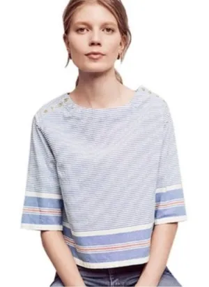 Anthropologie MAEVE NAUTICAL SULLIVAN BLUE WHITE STRIPED BOXY OVERSIZED TOP S thumbnail 1
