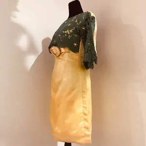 UNBRANDED Hand-Made Vintage 60s Green Lace Yellow Satin Beaded Fitted Dress XXS thumbnail 4