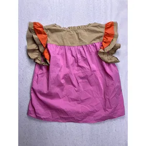 VOY‎ Ruffle Sleeve Blouse Womens Medium Pink Tan Orange Colorblock Cotton Top thumbnail 7