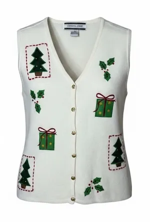 Crystal Kobe Womens Ivory Christmas Sweater Vest‎ Embroidered Holiday Trees M thumbnail 1