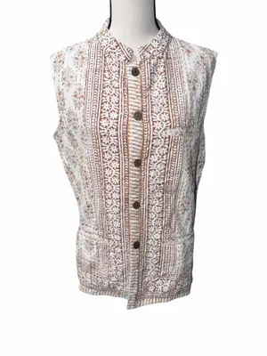 Ivory Brown Floral Print Button Front Sleeveless Vest Lightweight Boho Size M thumbnail 2