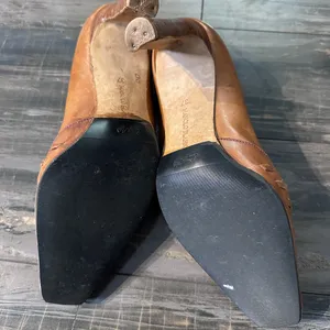 Manolo Blahnik Pumps Beige Camel Brown‎ Leather Purple Stitching Shoes 37 thumbnail 6