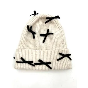 Anthropologie Rib Knit Ivory Beanie Hat New Bow Embellishments thumbnail 7