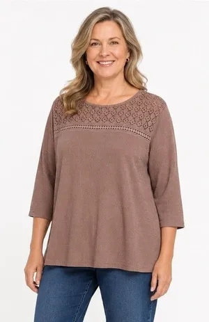 NWT Ofeefan Waffle Knit Lace Yoke Pullover Top Mauve Boho 3/4 Sleeve Size XL thumbnail 1
