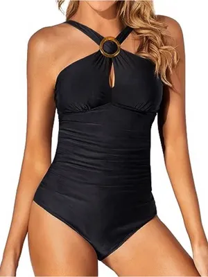 Tempt Me Classic Black Halter One-Piece Swimsuit with Ring Detail NWT thumbnail 1