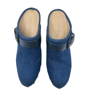Veronica Beard Dacey Denim Clogs Heels Studded Buckle Wood Blue‎ Size 9.5 thumbnail 3