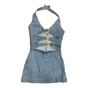 COMMENSE Halter Neck Buckle Detail Denim Dress COLOR - Blue, NWT Large thumbnail 9