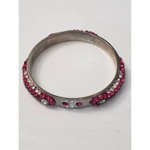 Vintage Bracelet / Bangle Pink & Silver Tone with Clear Gems thumbnail 5