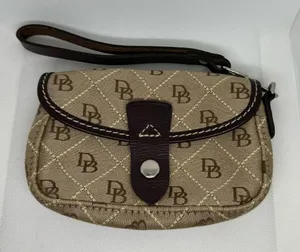 Dooney & Bourke Signature Logo Wristlet Wallet Brown Leather Canvas Flap thumbnail 1