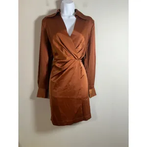 Banana Republic Satin Wrap Mini Dress Copper Brown Long Sleeve Collared Size 6 thumbnail 2