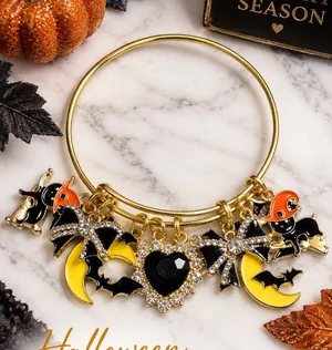 NEW Halloween Spooky Charm Bracelet Gold Rhinestone Bat Cat Witch Moon thumbnail 1