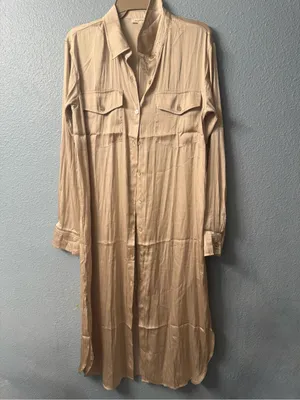 Mystree Long Satin Shirt Dress in Champagne Cream nwt thumbnail 4