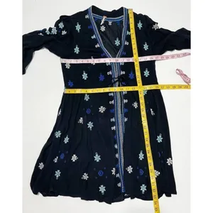 Free People Stargazer Mini Dress Embroidered V-Neck Tie Waist Black Blue Small thumbnail 8