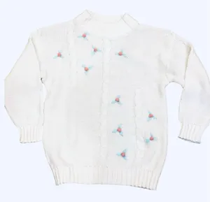 Vintage White Cable Knit Rosette Sweater Pink Mint Green Floral M Pastel Cottage thumbnail 2