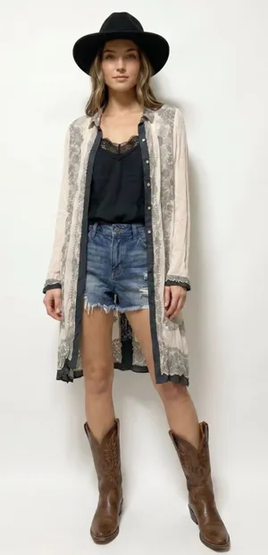 Lucky Brand Chiffon sheer Lace print Kimono Coverup Coastal boho resortwear thumbnail 1