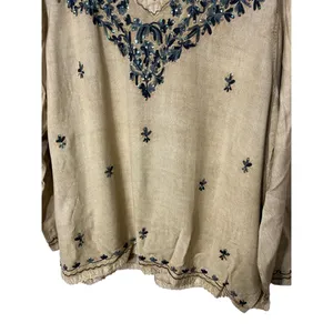 Beige Embroidered Long Sleeve‎ Pullover V Neck Bohemian Top Free Size Womens thumbnail 3