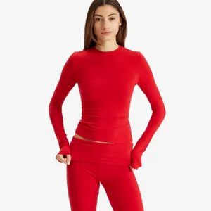 Skims Cotton Jersey Long Sleeve T-Shirt & Foldover Pants Outfit Set Red Size XS thumbnail 2