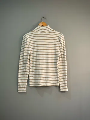 White/Tan J. Crew Puff Sleeve Ribbed Turtleneck Top Size L EUC thumbnail 5