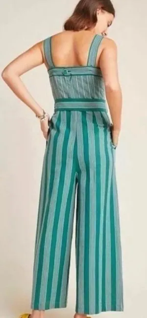 Anthropologie Pleated Green Stripe Linen Jumpsuit Payal Pratap Wide Leg 4 thumbnail 2