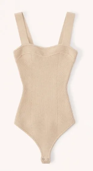 Abercrombie & Fitch ribbed sweetheart neckline sweater bodysuit in cream tan XXS thumbnail 1