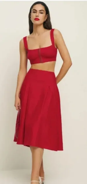 Reformation Red Santana Linen Two Piece Set Womens 8 Midi Skirt Corset Top thumbnail 1