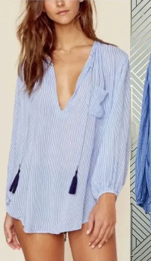 Faithfull the Brand Alice Blue Stripe‎ Tasseled Top Size US 6 thumbnail 1