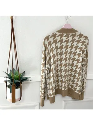 LOFT Tan Open Front Houndstooth Long Sleeve Sweater Size M Old Money Chic Preppy thumbnail 4