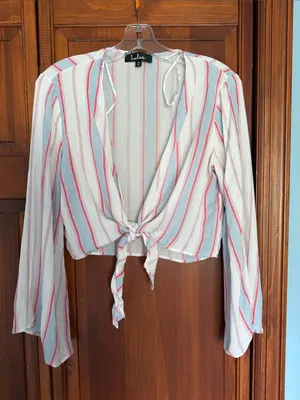 Lulu’s long sleeve, tie front crop top pin, blue, white stripes size m thumbnail 1