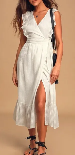 Lulus Something to See White Striped Ruffled Wrap Midi Dress XS thumbnail 1