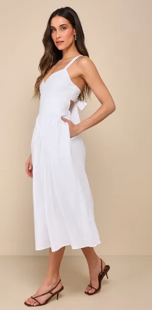 NWT Lulus Strolling Sicily White Pleated Backless Midi Dress With Pockets Sz XL thumbnail 1