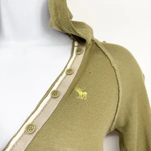 Abercrombie & Fitch Women Olive Green Y2K Bella Swan Waffle Knit Henley Hoodie S thumbnail 2
