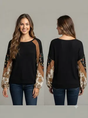 Free People Black Waffle Knit Mixed Print Balloon Sleeve Pullover Top (M/L) thumbnail 1