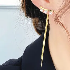 Boutique NEW‎ 2 in 1, 18k Gold Tassel Adjustable Pearl Earrings thumbnail 3