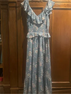 NWOT Floret Studios sz Small Blue Floral Ruffle Maxi Dress with Smocked Waist thumbnail 4