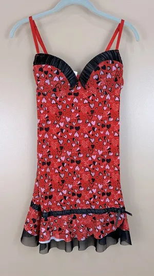 Inteco Intimates Red Pink Black Heart Love Babydoll Nightie Chemise Dress M thumbnail 1