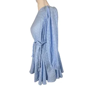 GB Eyelet Lace Mini Dress Womens L Light Blue Braided Tie Waist Long Sleeve Boho thumbnail 6