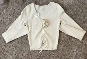 Aerie Ivory Ribbed Knit Tie Front Pullover Sweater Bow Accent Stretch S thumbnail 1