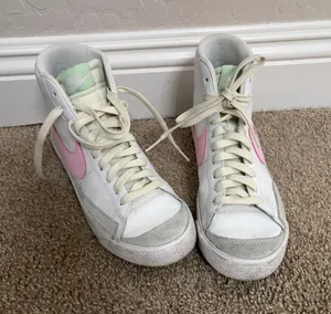 Nike Women's White High-Top Sneakers with Pink Swoosh and Light Green Tongue thumbnail 1