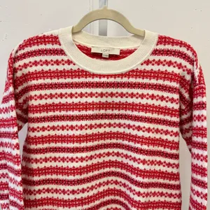 NWT LOFT‎ Women's Fair Isle Striped Crew Neck Sweater Red White XS S/766805 thumbnail 3
