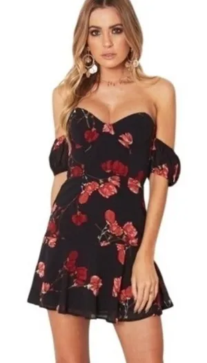 White Fox Black Red Floral Rose Off Shoulder Mini Dress Bustier‎ Large L thumbnail 1
