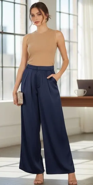 Petal & Pup NWT‎ Joyce Satin Navy Blue Wide-Leg Pleated Flowy Pants thumbnail 1