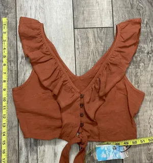 Cider NWT  Ruffle Button Up Knotted Cropped Tank Top Brown Size Small thumbnail 10