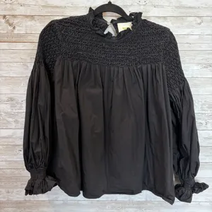 Anthropologie Maeve Womens 0 Top Smocked Peasant Blouse Black Puff Sleeve Cotton thumbnail 2